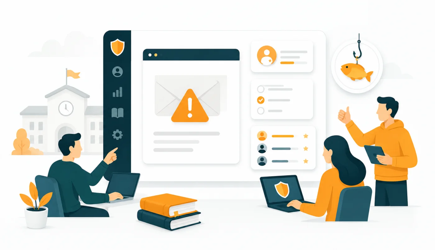Illustratie: security awareness voor schoolmedewerkers — phishing herkennen, quizzes en een leaderboard