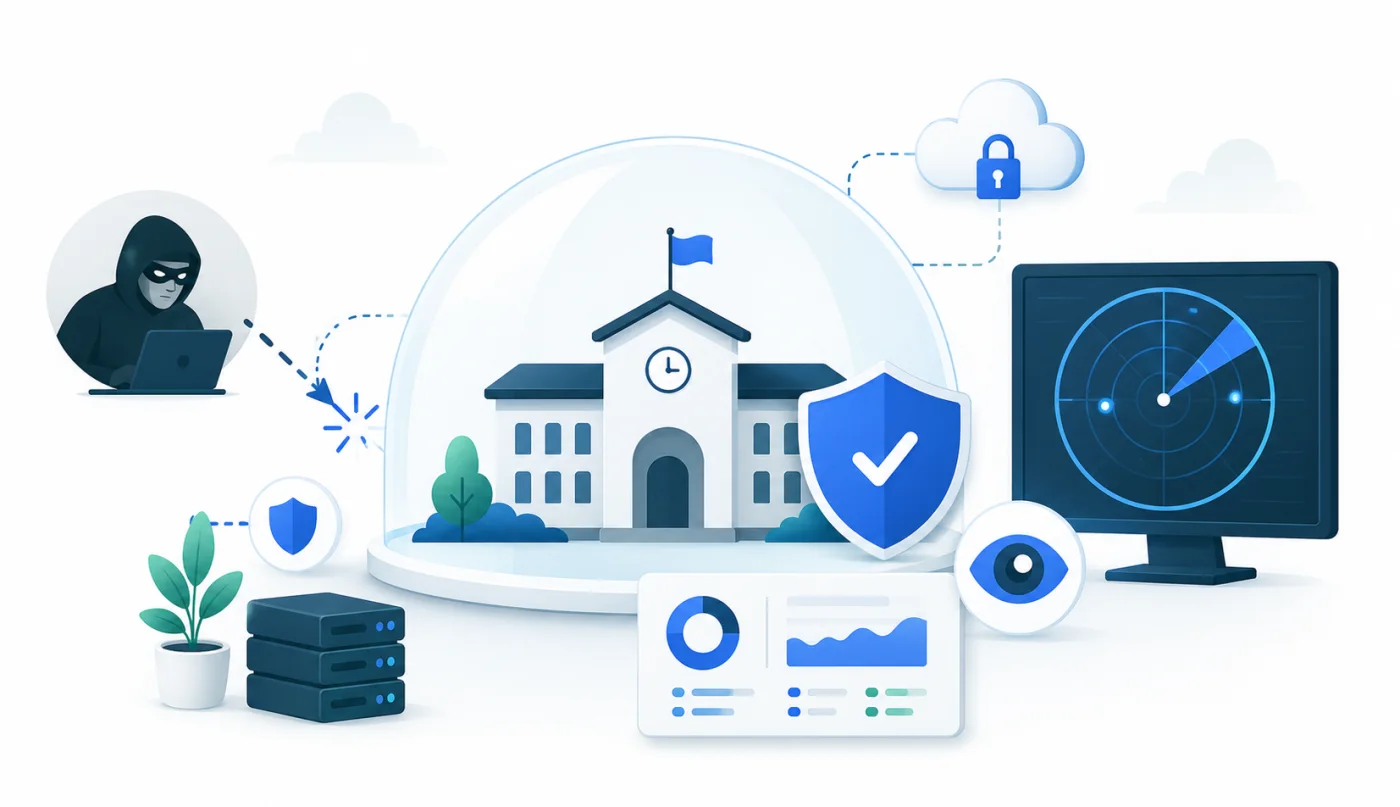 Illustratie: 24/7 cybersecurity-bewaking van een school — beschermende koepel, radar en monitoring houden dreigingen buiten