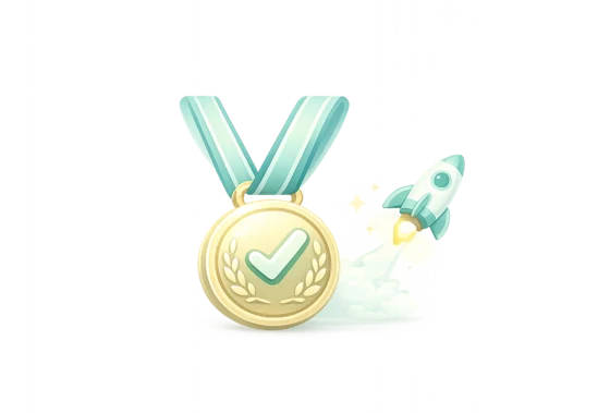Illustratie: medaille en raket — bewezen kwaliteit en voorop in innovatie
